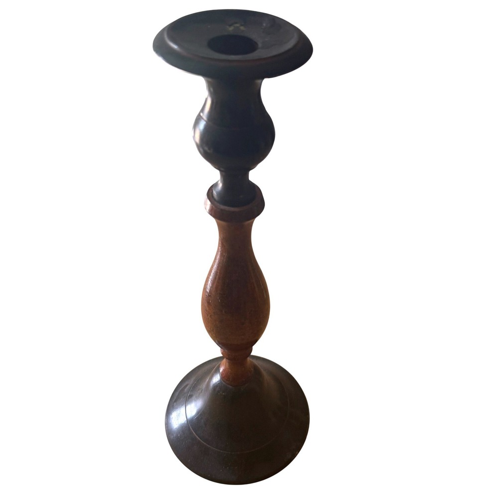 Turned Wood Candlestick Holder Brown Black Rustic Dark Academia Vintage Decor